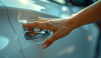 Car door detail: A close-up shot of a hand gracefully reaching for a car door handle, revealing the sleek design and polished surface of the vehicle.