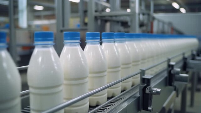 Milk bottles on conveyor in factory