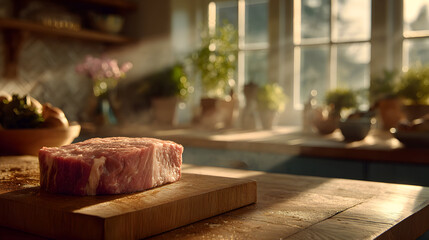 Raw Meat on Wooden Board Near Window.