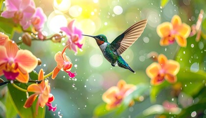 Hummingbird Flying Near Colorful Orchid Flowers in Rain