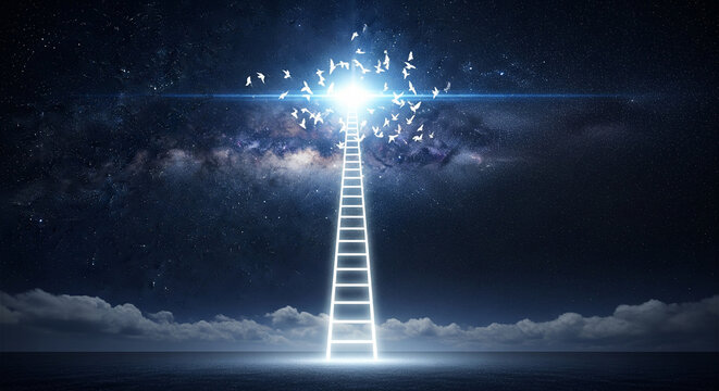 Surreal white ladder reaching up to the starry sky with divine light and doves, spiritual Jacob's ladder concept