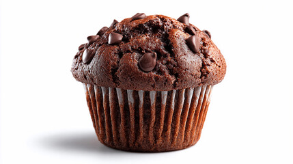 Chocolate muffin on a plain background with chocolate chips