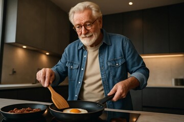 Smiling senior man cooking fried egg in modern home kitchen, enjoying healthy homemade breakfast and active retirement lifestyle.