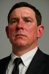 Studio portrait of serious businessman with sunburned red face in suit and tie, skin irritation and health risk concept.