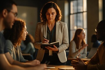 Businesswoman taking notes in meeting, professional teamwork discussion in modern office.