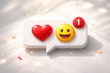 3D social media notification bubble with heart, smile emoji and alert badge, concept of likes, engagement and online reactions.