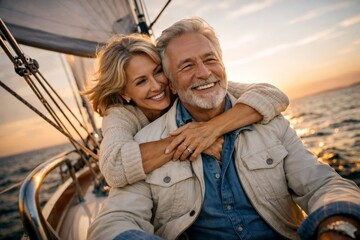 Happy senior couple taking selfie on sailboat at sunset, romantic sea vacation and carefree retirement lifestyle.