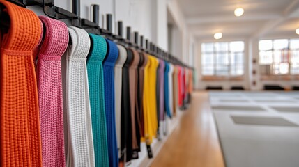 Colorful Martial Arts Belts Hung in Dojo