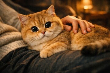 Cute ginger cat with big eyes resting on a cozy blanket while being gently petted, warm indoor scene of comfort and companionship.
