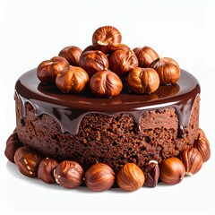 Decadent chocolate cake topped with glossy ganache and hazelnuts on white backdrop