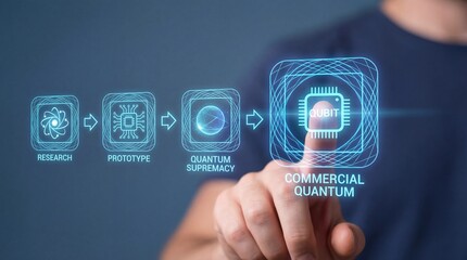 Person interacting with futuristic quantum computing interface