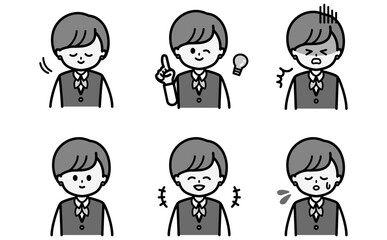 ビジネス女性の表情セットイラスト 接客や説明や資料の挿絵に使える感情バリエーション フラットデザインの黒白ベクター素材