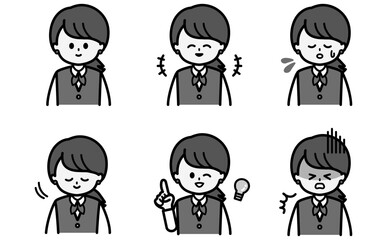 ビジネス女性の表情セットイラスト 接客や説明や資料の挿絵に使える感情バリエーション フラットデザインの黒白ベクター素材