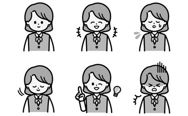 ビジネス女性の表情セットイラスト 接客や説明や資料の挿絵に使える感情バリエーション フラットデザインの黒白ベクター素材