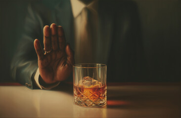 Man in a suit making a stop gesture to a glass of alcohol, illustrating the choice of sobriety and overcoming addiction for a healthy professional lifestyle.