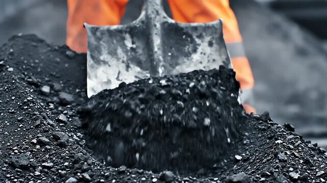 Shovel pouring black gravel in 4K resolution, depicting construction work, labor, industry, outdoors, and manual labor