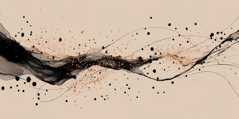 An abstract composition featuring flowing black lines and scattered golden dots on a light beige background.