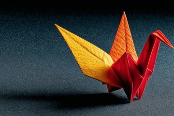 Red and Yellow Origami Crane on Dark Background.