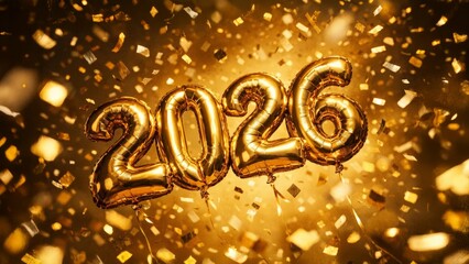 Golden 2026 foil balloon numbers with sparkling confetti and bokeh lights, festive New Year celebration background.
