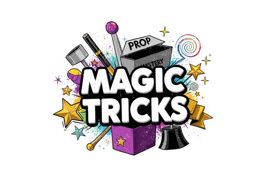 Colorful magic tricks box with wand and stars in retro comic style