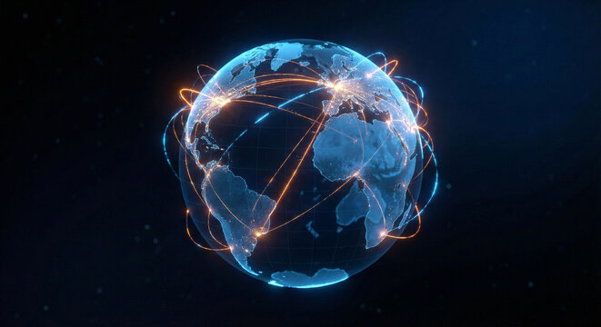 Blue Digital Earth Globe with Glowing Orange Network Connection Lines - Powered by Adobe