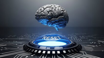 AI brain hovering over a glowing blue reset button on a circuit board