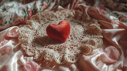 Red Heart on Lace Doily Pink Satin.