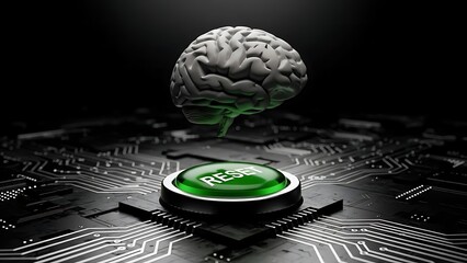 Digital brain hovering over a green reset button on a circuit board