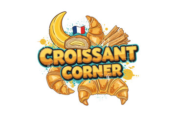 Croissant corner logo with french flag and pastry elements