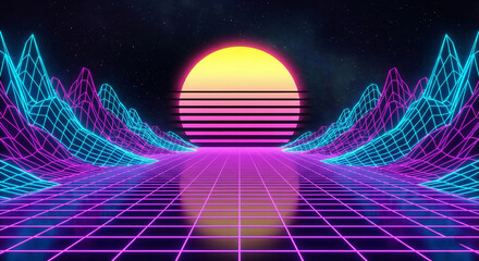 Retro Synthwave Landscape with Neon Sun and Grid Mountains © sxcd