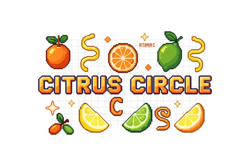 Obraz premium Pixel art citrus collection with orange, lemon, and lime in vibrant colors
