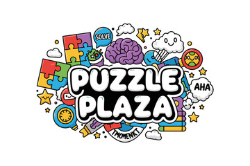 Colorful puzzle game concept with cartoon elements and brain teaser icons