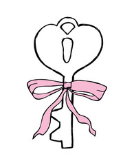 Whimsical valentine coquette doodle key with pink bow, ribbon. Cute vintage element for Valentine's Day, wedding, birthday, invitation, greeting card. Hand drawn sketch. Isolated crayon vector illustr