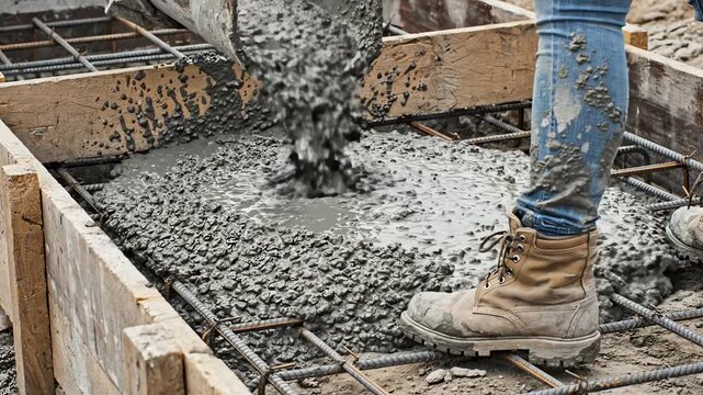 Construction worker pours 4k concrete into rebar framework on a building site with wooden formwork