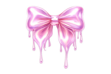 Fototapeta premium Pink melting metallic bow dripping glossy liquid slime, abstract glossy gift ribbon becoming liquid, transparent background