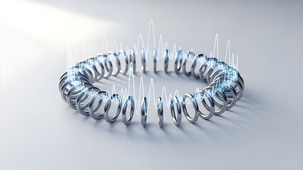 Dynamic metallic spring with glowing blue sound waves rising