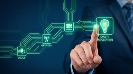 Businessman activating smart automation technology with glowing green interface