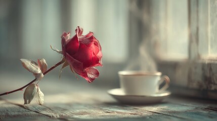 Red Rose and Coffee Cup on Table.