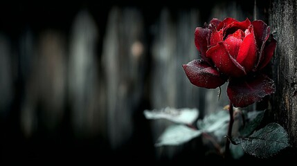 Red Rose Against Dark Wooden Fence Closeup.