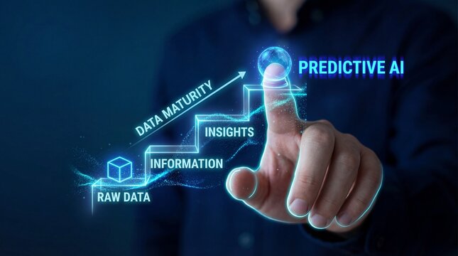 Businessman interacting with predictive AI data visualization interface - Powered by Adobe