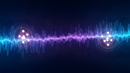 Vibrant sound wave with molecular structures in purple and blue hues