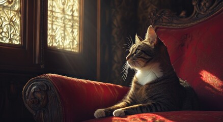 Tabby cat relaxing on an antique red velvet armchair, bathed in a warm sunbeam filtering through an ornate window.