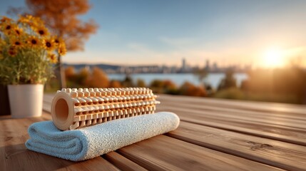 Relaxation on a wooden deck at sunrise.