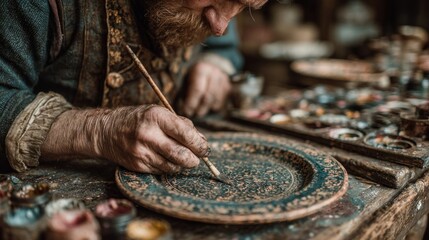 A craftsman carefully paints intricate designs on a ceramic plate