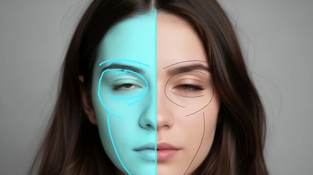 close-up portrait of a woman with dotted facial outlines for makeup mapping and retouching