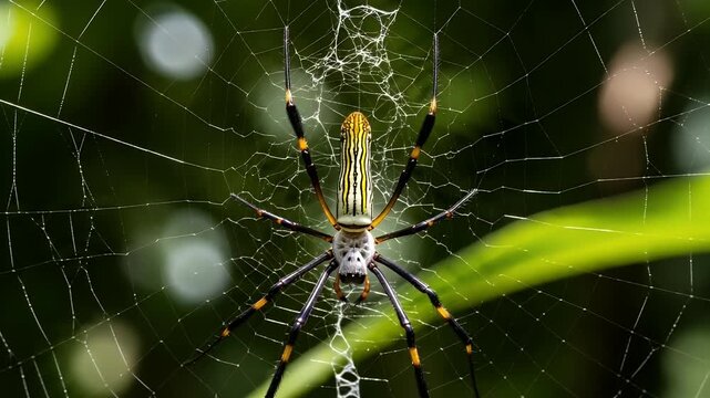 close-up orbweaver spider on delicate web in lush green garden
