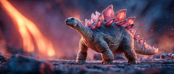 A Stegosaurus poses on its hind legs in front of an erupting volcano, with lava cascading down while glowing effects create a vibrant atmosphere