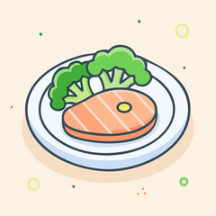 Pixel Art Salmon Steak With Broccoli On White Plate With Cream Background And Colorful Dots