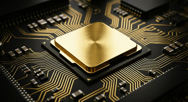 Gold Computer Processor Chip on Circuit Board with Microchips - Powered by Adobe