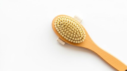 Natural wooden dry brush with bristles on white background, spa and body care tool for exfoliation and massage treatment